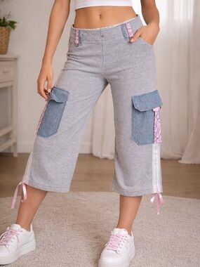 Y2K Patchwork Capri Sweatshorts Girls S Denim Cargo Style